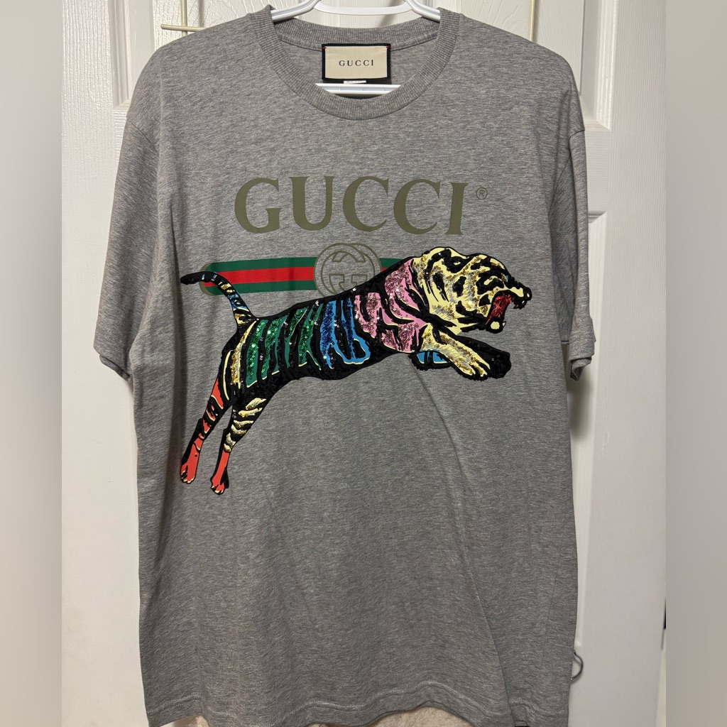 Gucci Gray Tee With Multicolor Tiger Print